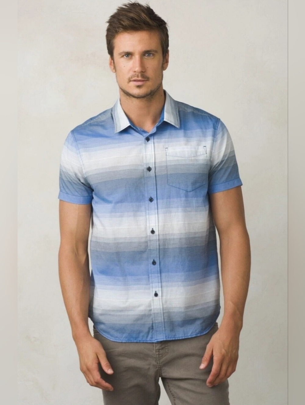 PRANA TAMRACK STRIPE ORGANIC COTTON SHORT SLEEVE BUTTON UP SHIRT